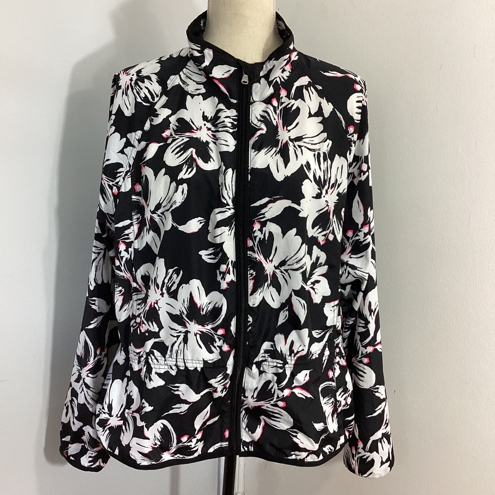 L-RL LAUREN ACTIVE RALPH LAUREN WOMAN XL FLORAL BLACK WHITE LIGHT  WINDBREAKER